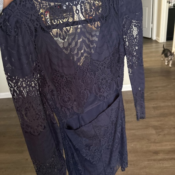 Hello Molly Navy Blue Open Back Lace Long Sleeve Mini Dress - Picture 2 of 5
